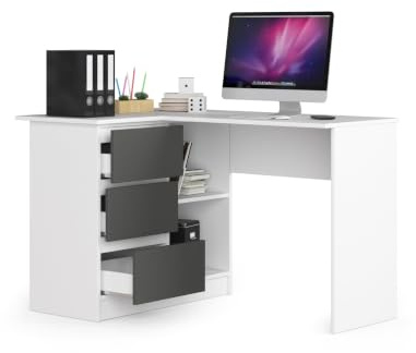 BDW Eckschreibtisch Weiß/grau Links, 3 Schubladen rechts und 2 Regale, viel Platz zum Entfalten. Perfekt für Jugendzimmer, Büros und Ateliers.
