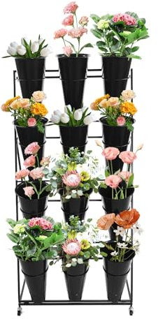 Blumenständer mit Eimern, 4-lagiges, weißes, robustes Pflanzenregal mit Rädern, 35 kg Tragkraft, Blumenwagen, Blumenständer für den Außenbereich für Terrasse, Garten, Florist (12 Eimer) (weiß, 4 Eben