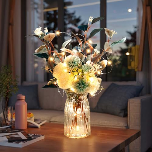 Ximoryn Artificial Hydrangea Flower Set with Glass Vase and LED Lights - Realistic Decor for Home (Blue)