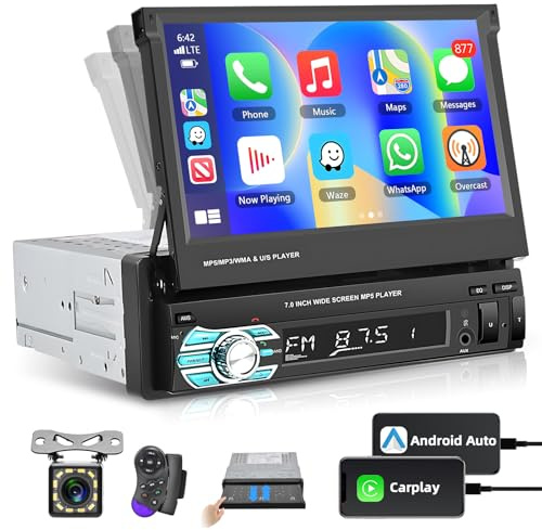Motorsi 1 Din Autoradio mit A-pple Carplay/Android Auto, 7 Zoll Einziehbarer Bildschirm mit Bluetooth Freisprechfunktion/Lenkradkontrolle/FM/USB/AUX/TF+HD Rückfahrkamera
