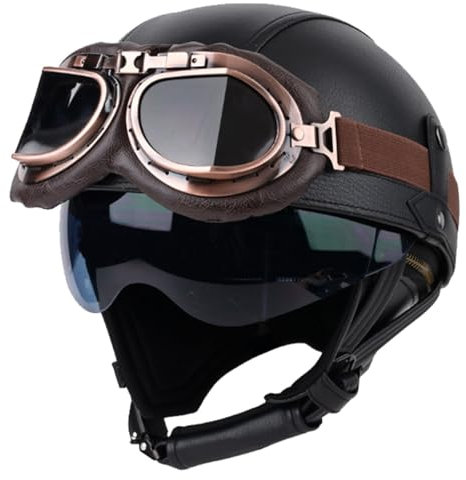 Retro Motorrad Halbhelme Leder Halbschalenhelm JetHelm Deutscher Stil Roller Cruiser Chopper Anti-Collision Helm Damen Herren mit Visier ECE Zertifiziert Roller-Helm Scooter Mofa-Helm A,S=55-56CM