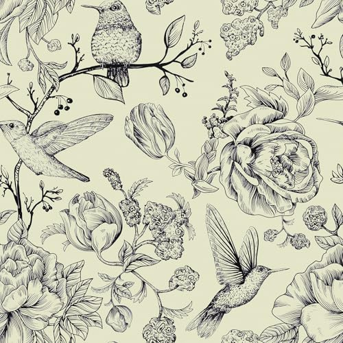 VEELIKE Papier Peint Fleuri Oiseaux Beige Chinois 44,5 cm × 900 cm Papier Peint Feuilles Tropicales Beige Papiers Peints Mural Chambre Autocollants Décoratifs Salon Salle de Bain Adhesif pour Meuble