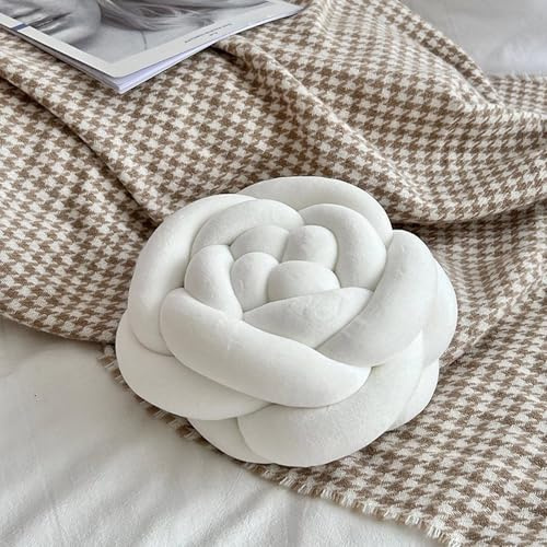 Coussin décoratif à motif de rose nouée en peluche douce pour canapé, lit, salon, chambre à coucher, fenêtre, décoration d'intérieur (blanc, 28 x 28 x 13 cm)