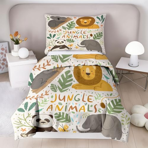 Animales De La Jungle - Juego de cama infantil, 100% microfibra, Oeko-TEX, dibujos animados león, Panda funda nórdica para 1 persona, 140 x 200 cm, 1 funda de almohada de 63 x 63 cm, estampado