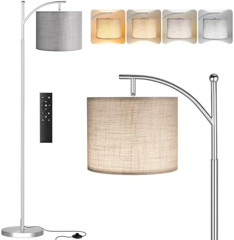 Aooshine Grey Floor Lamp for Living Room, 60 Modern Arc Standing Lamps with Remote Control and Stepless Dimmable Colors Temperature & Brightness, Silver Pole(Bulb Included)