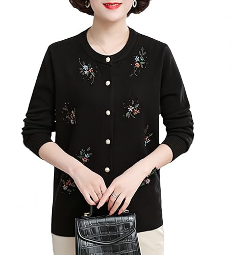 KIJSKKOPO Cardigan Lavorato A Maglia per Donne di Mezza età E Anziane, Giacca Leggera in Maglia con Bottoni E Ricami Floreali A Rombi, da Anziana Signora, in Maglia, Nera, Taglia L