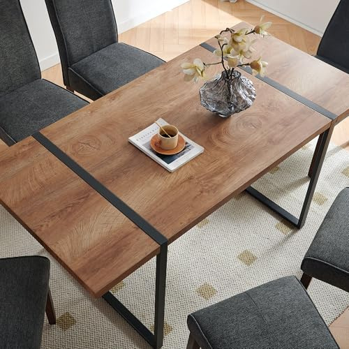 NORDICANA Esstisch, 168×79×74 cm, Schreibtisch, Küchentisch, Esszimmertisch, für 4-6 Personen, Landhausstil, mit Stahlbeinen, Verbundholz, für Esszimmer, Homeoffice, Küche