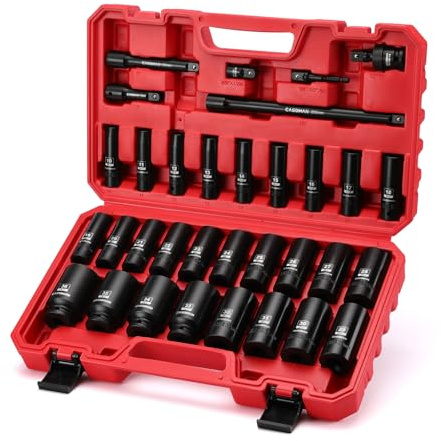 CASOMAN 33 PCS 1/2 Drive Deep Impact Socket Set with Case, 6 Point, 10mm - 36mm, Metric, Include Extension Bars,Socket Adapter, Drill Adapter and Universal Joint