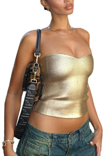 Tops tubulaires PU pour femmes,Tops bandeau sans bretelles en cuir doré, corsets ajustés épaule nue, gilet sans manches effet métallique brillant pour soirées et clubs, gilet basiques extensibles