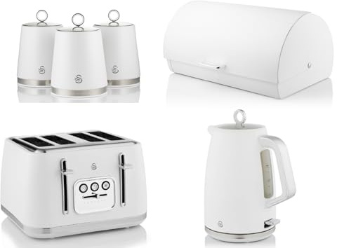 Swan Serenity White 1.7L 3KW Kettle, 4 Slice Toaster, Bread Bin and Tea, Coffee, Sugar Canisters. Contemporary Design Matching Kitchen Set of 6 in Matt White Finish