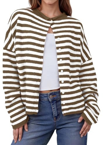 IPMQ Womens Striped Cardigans Lightweight Casual Button Up Sweaters Long Sleeve Loose Knit Cardigan Sweater Fall Winter Brown