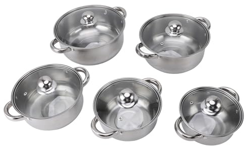 Fictory Set di 5 pentole in acciaio inox con coperchi in vetro, casseruola e pentola, lavabili in lavastoviglie, facili da cucinare, design durevole