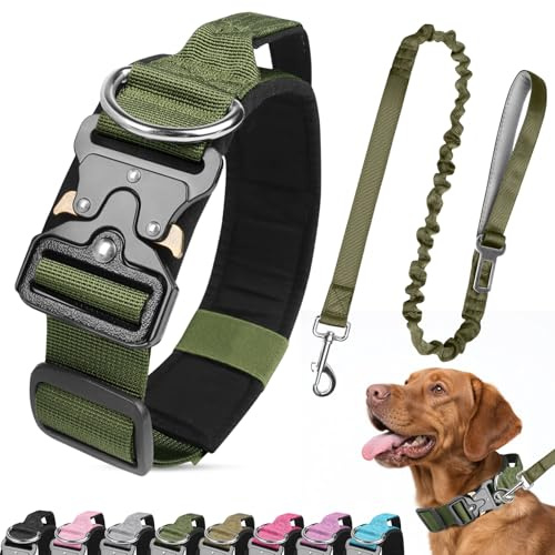 Ledeak Hundehalsband und Leine, Taktisches Hundehalsband mit Kontrollgriff und Metallschnalle, Hunde Halsband Gepolstert, Verstellbare Halsband für Hunde Training Freizeit Outdoor (Armeegrün, XL)