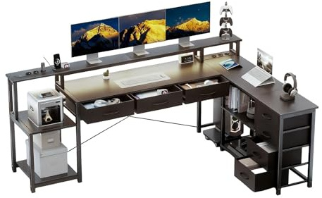 Aiorber Schreibtisch L Form mit Schubladen, Gaming Tisch mit Steckdose, LED & Monitorständer, 200 x 146cm, 7 Stoffschubladen, Computertisch für Büro Arbeitszimmer Schlafzimmer (Schwarz)
