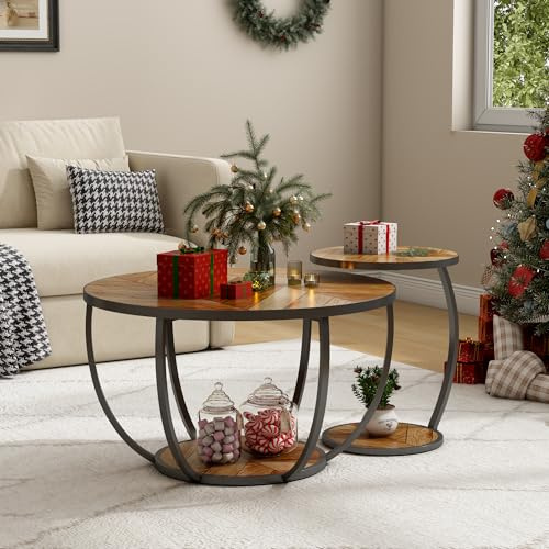 Wumagin Lot de 2 Table Gigogne Ronde, Table Basse Ronde avec Espace de Stockage, Table d'appoint de Canapé Circulaire avec Pieds en Métal pour Salon, Chambre à Coucher (Brun)