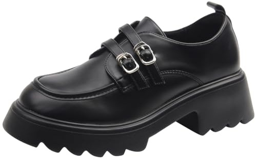 Eestfy Oxford Mocasines con Plataforma Gótica Mujer Suela de Tacos Gruesa Doble Correa de Hebilla Punta Redonda Zapatos de Vestir para Calle y Uso Diario Diseño,Negro,39 EU