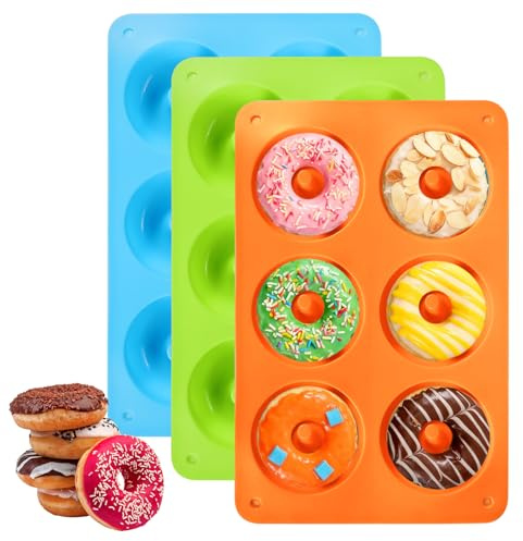 Acootruing Silicone Donut Moulds for Baking 6 Cavity Silicone Donut Mould Non-Stick 3 Pcs Donut Tray Donut Pan for Baking Donuts Muffins Bagels Cookies Cakes Blue Green Orange
