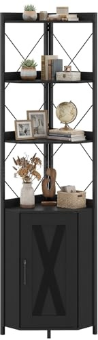 FANTASK 180cm Eckbücherregal mit Schrank & Türen, 6-stöckiges Freistehendes Eckregal Metallrahmen, Aufbewahrungsregal für Schlafzimmer, Wohnzimmer & Küche, 38 x 38 x 180 cm (Schwarz)