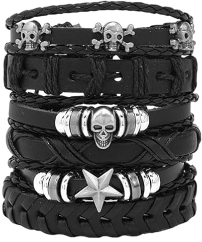 MR BAEQ 6 Pezzi Bracciale Intrecciato in Pelle, Punk Gothic Rock Vintage Teschio PU Uomo Donna, Braccialetti Unisex Punk in Pelle con Borchie, Idea Regalo per Fidanzato, Amici, Marito