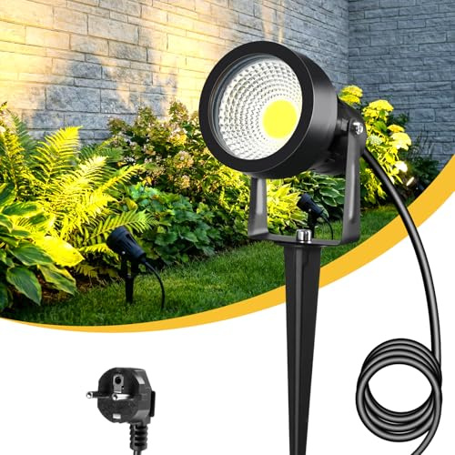 LetGlin 7W Gartenbeleuchtung mit Strom Erdspieß, 700LM Superhell LED Strahler Außen Warmweiß 3000K, IP65 Große Gartenstrahler Gartenlampen Gartenleuchten für Wand Garten Terrasse Baum Wegen, 1 Stück