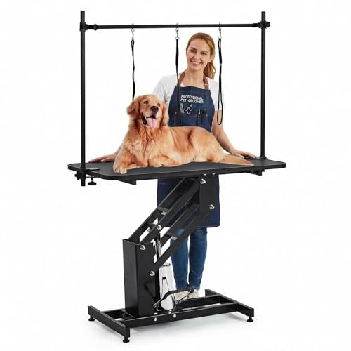 GarveeLife Hydraulischer Hundepflegetisch,110x60 cm,Tragkraft 159kg,Professioneller Hundepflegetisch Mit Verstellbarem Arm Und Gurt, 56-99cm Höhe, Ideal Für Große Und Kleine Hunde