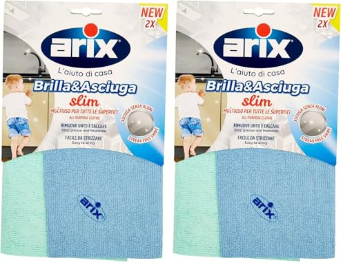 ARIX | 2 Panni Brilla&Asciuga slim, 29x29 cm, Panno Multiuso per Tutte le Superfici, Asciuga Senza Aloni, Riumove Lo Sporco In Profondità, Panno Cucina Assorbente - 2 Pezzi (Confezione da 2)
