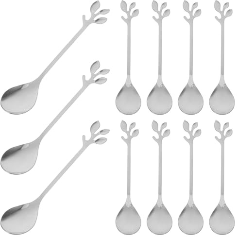 HOOWIFFY 20 Cucharas de Acero Inoxidable Mango Largo en Forma de Hoja para Mezclar Café y Cócteles, Multiusos y Elegantes, Ideales para Ocasiones Obsequios Hogar