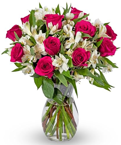 Benchmark Bouquets - Signature Roses & Alstroemeria (Glass Vase Included) - Fresh Flowers for Delivery - Gift for Graduation, Birthday, Anniversary, Sympathy, Get Well, Congratulations