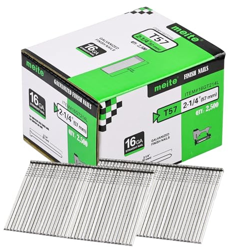 meite 16 Gauge Finish Nails, 57 mm Galvanised 16GA Finish Nails, Small Straight Finishing Nail, Ideal for Woodworking, Upholstery, and Framing Projects (2,500 Counts)