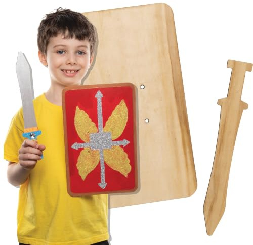 Baker Ross AT735 Roman Centurion Wooden Swords and Shields - Pack of 2 Sets, Wooden Set, Paintable, Costume Accessory, Dress Up