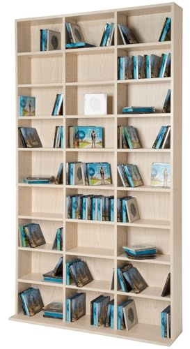 tectake® CD Hylla och ställ & förvaring för upp till 1080 CD-skivor, smal vägghylla med 27 hyllplan, stabil med mdf skivor, enkel skött och lättmonterad - Ek