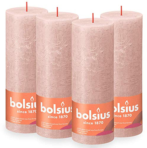Bolsius Rustik Stumpenkerzen - Hellrosa - 4 Stück - 19 x 7 cm - Dekorative Haushaltkerzen - Länge Brenndauer 85 Stunden - Unparfümierte - Natürliches Pflanzenwachs - Ohne Palmöl