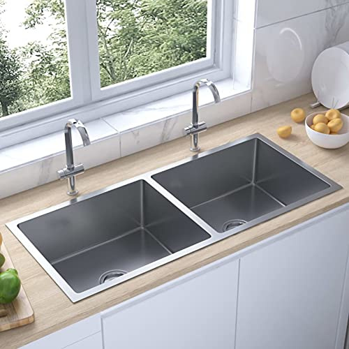 Festnight Fregadero Fregadero Cocina Dos Senos de 100 x 44 x 20 cm I Acero Imoxidable I Incluyendo Colador de Residuos, Bajo Encimera o Enrasado