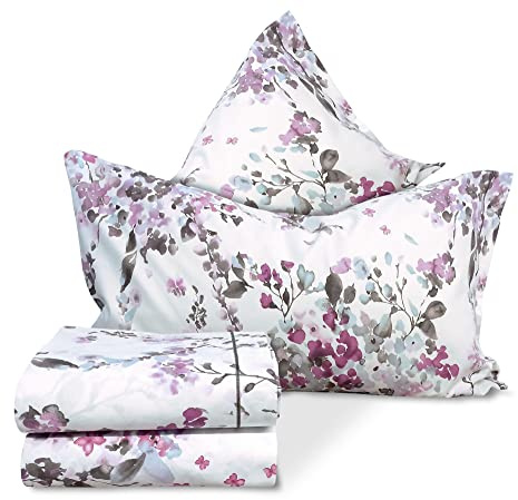 Confezioni Giuliana ® - Completo Lenzuola Ofelia Fiori Lilla Azzurri Shabby 100% Cotone Made in Italy - 1 Piazza e 1/2 con 2 federe