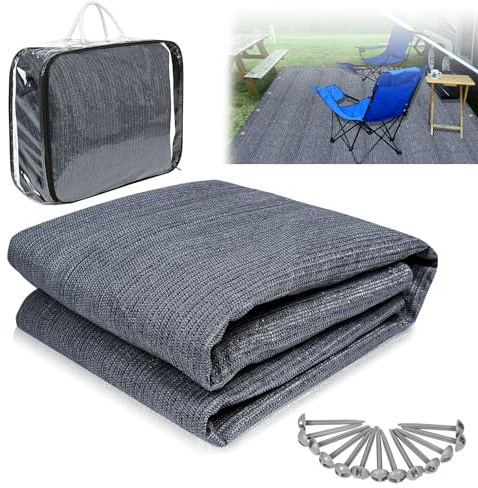 YUENFONG Vorzeltteppich Campingmatte Markisenteppich, Teppich Zeltteppich aus HDPE mit Ösen & Heringe, Waschbare rutschfest, für Außen Camping Innen Games, Grau Blau, 3×3m