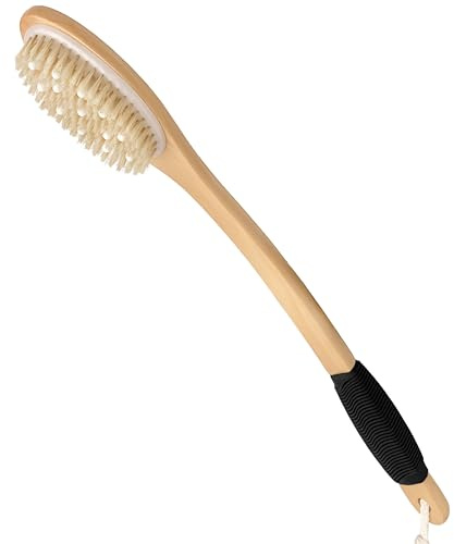 OWIIZI Badebürste aus Holz, gebogener langer Griff, rutschfeste Körper-Duschbürste zum Peeling, natürliche Borsten, Rückenschrubber für Dusche, nass oder trocken