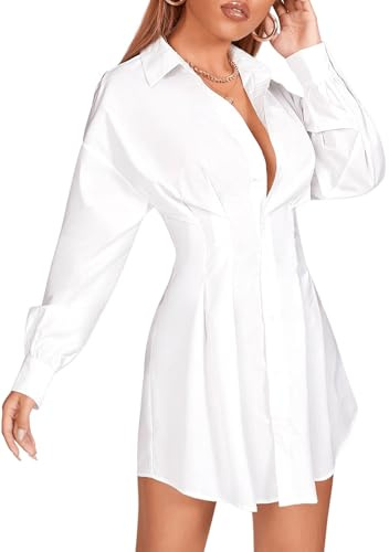 GORGLITTER Women's Button Up Long Sleeve Mini T Shirt Dress Lapel Collar Pleated Flared Short Dresses White Medium