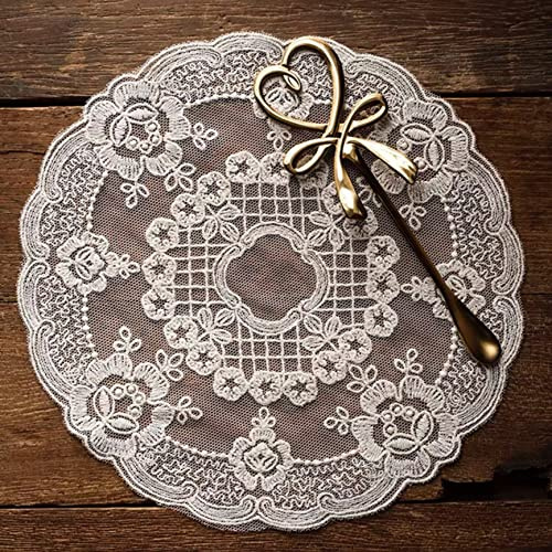Set di 2 tovagliette retrò in pizzo francese, squisito ricamo floreale, centrini rotondi, sottobicchieri, tappetino per vasi per la decorazione della casa (colore crema, diametro 27 cm)