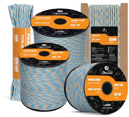 Abma Cord 550 Paracord 4mm (10m/15m/30m/50m/100m) 7 Kärntrådar Nylonrep Typ III för DIY, Camping, Överlevnad, Utomhus - Max. 250kg (550lbs) - Carolina Beach