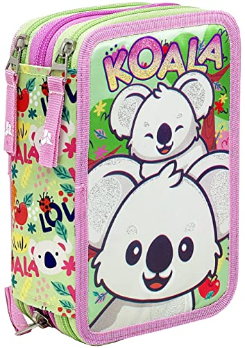 Julian Ross Koala Federmäppchen Kinder, 3 Organisierte Fächer, Federtasche Junge Gefüllt mit Schreibwaren, Mädchen Schulmäppchen, 45 Teilen für die Schule, Klebestift, 20cm