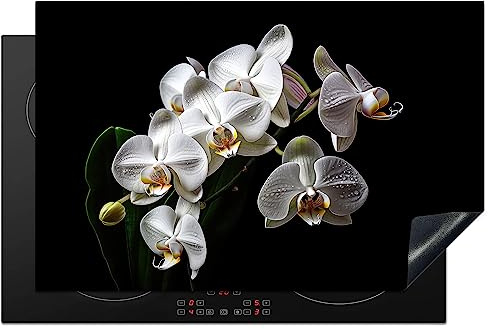 KitchenYeah© Herdabdeckplatte Einteilig Herdabdeckung Abdeckplatte für | 80x52 cm - Ceranfeld Abdeckung Induktionskochfeld Aufrollbare Matte Orchidee - Blumen - Weiß - Natur - Schwarz und Weiß