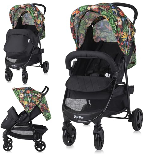 Lorelli Kinderwagen Martina, Reisebuggy, Baby Buggy klein zusammenklappbar, leicht, nur 7,5 kg, kompakter Sportsitz bis 15kg, Kinderbuggy mit 5-Punkt-Sicherheitsgurt, Gummireifen, Fußsack, bunt
