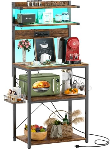 Aheaplus Bakers Rack with Power Outlet, Microwave Stand, 5 Tiers Coffee Bar Station with Led Lights, Kitchen Storage Shelf with 6 S-shaped Hooks, Kitchen Rack for Spices, Pots and Pans, Rustic Brown