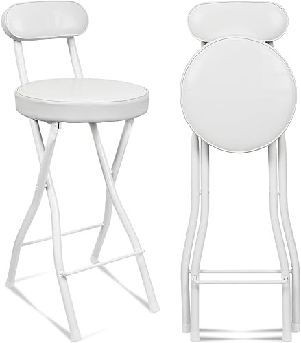 UWEAR Folding Bar Stool with Back,Tall Foldable Stool Seat Padded Portable Stools Counter Height Foldable Stools Chairs,Collapsible Stool for Adults Kitchen Island Guitar Barstools (White)