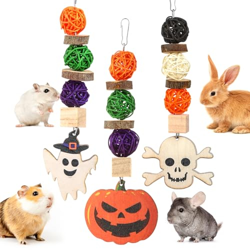 Abizoo Halloween Kaninchen Spielzeug Set, 3 Stück Halloween Hasen Kauspielzeug Kaubälle Holz Nager Zubehör für Meerschweinchen, Chinchilla, Hasen,Hamster,wellensittich,Papagei Zähneknirschen