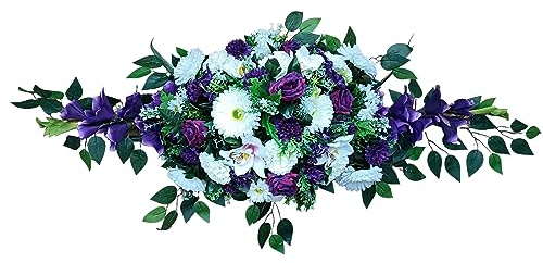 DRW Kunstblumen-Zentrum mit verlängertem Friedhof, Heilige, Kirchen, Jahrestage, Zeremonien, Hochzeiten, rund, lila und weiß mit Orchideen, Gerbera, Nelken, Gladiolen und Gänseblümchen, 130 x 30 x 50