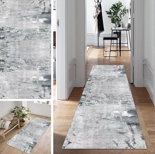 ZUZEKU Abstrakte Teppich Läufer Lang Flur Küche rutschfest Waschbar Teppichmattent 50X140cm Grau Vintage Küchenläufer Meterware Esszimmer Schlafzimmer Wohnzimmer Schmutzfangmatte