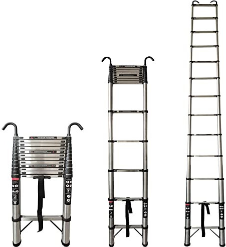 5M Escaleras Plegables Telescópicas con 2 Ganchos de Acero Inoxidable Extensión Extensible 12 Peldaños 150kg MAX. Capacidad EN131 Portátil Loft Ático para Negocios Casa Trabajo Bricolaje Constructor