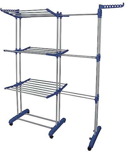 Supfine Wäscheständer Turm Ausziehbar Wäschetrockner mit 6 Rollen, Turm-Wäscheständer auf 3 Ebenen für Innen, Wäscheständer Ausziehbar Länge, mit Faltbaren Flügeln (Blau grau, (75-142.5)*64 * 170cm)