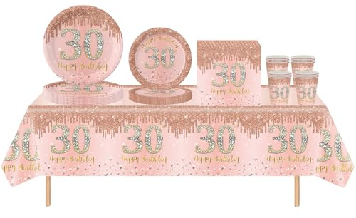 69pcs Rose Gold 40th Birthday Decorations - Tablecloth, Paper Plates, Napkins and Cups Sets for Table Decorations and Gifts for Women, Men, Him, Her